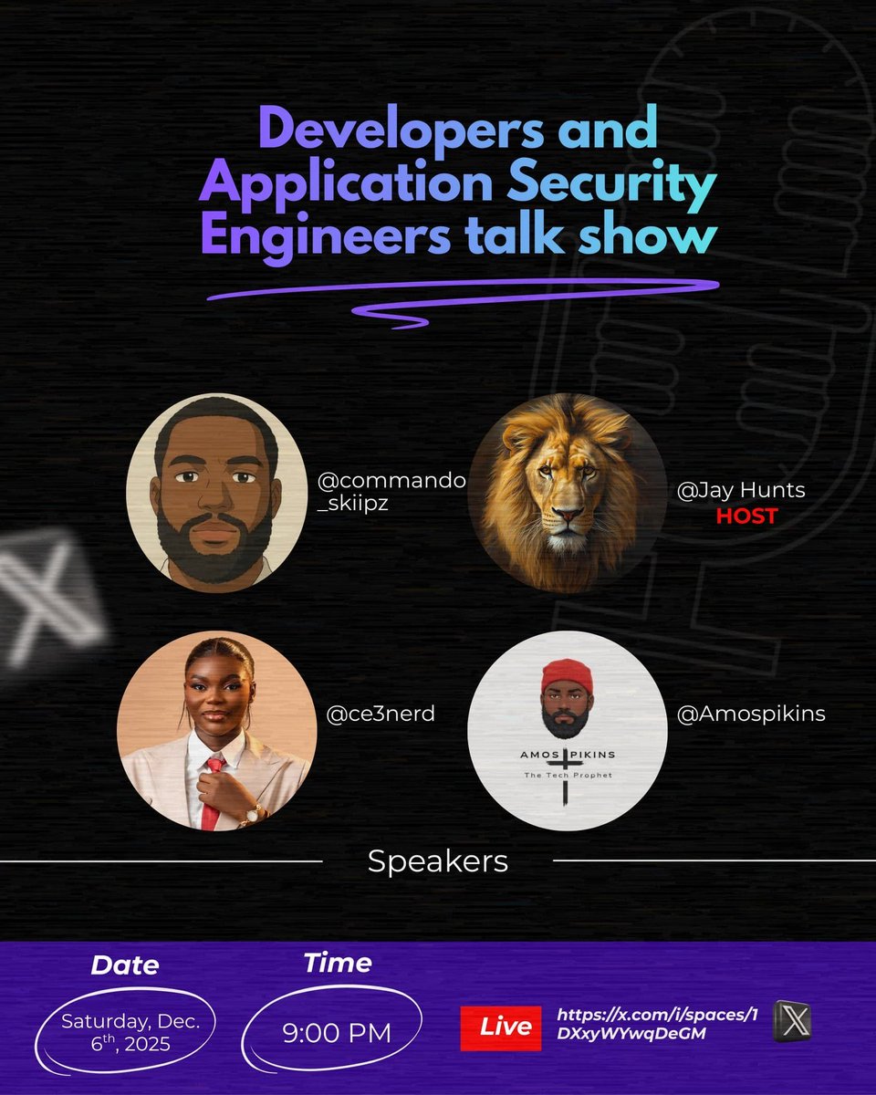 commando_skiipz's tweet image. I have so many things to share with developers, engineering managers, product owners, and even product-led founders during this space.

I’ve also received a lot of messages in my DMs asking how to start a security career or how to secure applications.

Please join this space so…