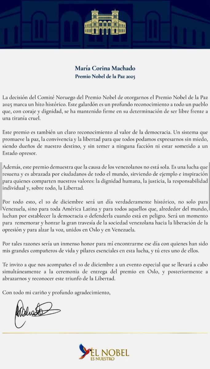 PCaterianoB's tweet photo. Apreciada @MariaCorinaYA , abrumado y honrado acepto la generosa invitación.
El merecido premio Nobel de la Paz que has obtenido, es un justísimo reconocimiento, por la heroica y firme defensa de los valores democráticos que realizas en Venezuela. https://t.co/onxetWbUSp