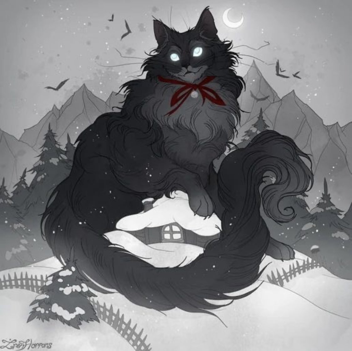 In Icelandic folklore, the Yule Cat, Jólakötturinn, is a giant cat on the prowl at Yuletide. It looks for people who are insufficiently dressed in new attire for the Yuletide festivities and eats them whole! 

#caturday art <a href="/Iren_Horrors/">Iren Horrors</a>