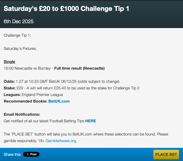 No1TFT's tweet photo. Saturday's £20 to £1000 Challenge Tip 1

Visit our website for the rest of Saturday's betting tips                                                                            

#TopFootballTipster #BettingTips #BettingChallenge https://t.co/OJ9XUaNyiM