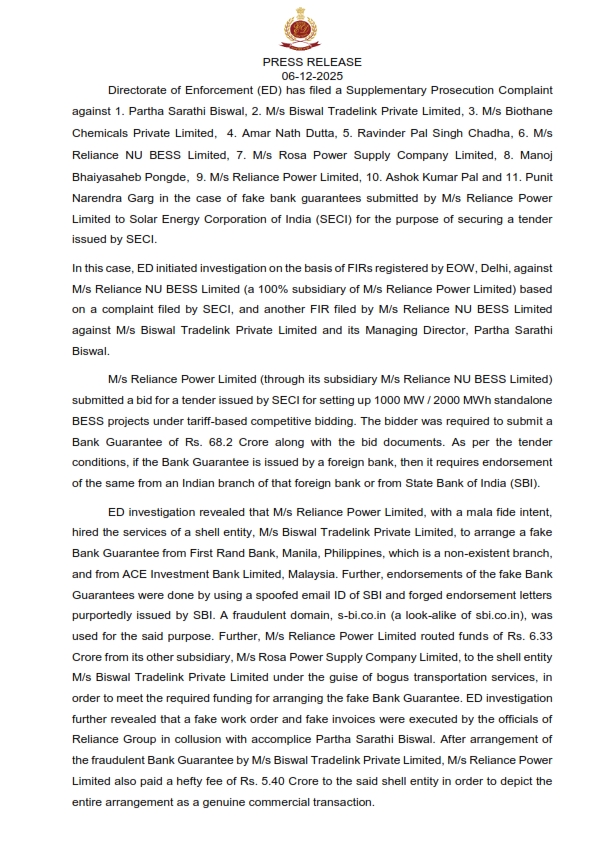 dir_ed's tweet image. Directorate of Enforcement (ED) has filed a Supplementary Prosecution Complaint against 1. Partha Sarathi Biswal, 2. ⁠M/s Biswal Tradelink Private Limited, 3. ⁠M/s Biothane Chemicals Private Limited, 4. ⁠Amar Nath Dutta, 5. ⁠Ravinder Pal Singh Chadha, 6. ⁠M/s Reliance NU…