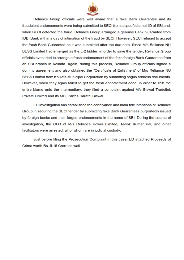 dir_ed's tweet image. Directorate of Enforcement (ED) has filed a Supplementary Prosecution Complaint against 1. Partha Sarathi Biswal, 2. ⁠M/s Biswal Tradelink Private Limited, 3. ⁠M/s Biothane Chemicals Private Limited, 4. ⁠Amar Nath Dutta, 5. ⁠Ravinder Pal Singh Chadha, 6. ⁠M/s Reliance NU…