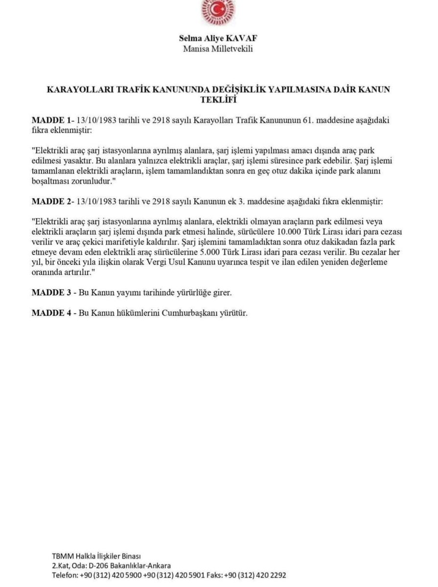 📌 Elektrikli Araç Şarj Alanlarına Yeni Düzenleme Teklifi Mecliste

Manisa Milletvekili Selma Aliye Kavaf, elektrikli araç şarj istasyonlarının doğru kullanımını sağlamak için Karayolları Trafik Kanunu’nda değişiklik öngören bir teklif sundu.

🔹 Şarj alanlarına elektrikli