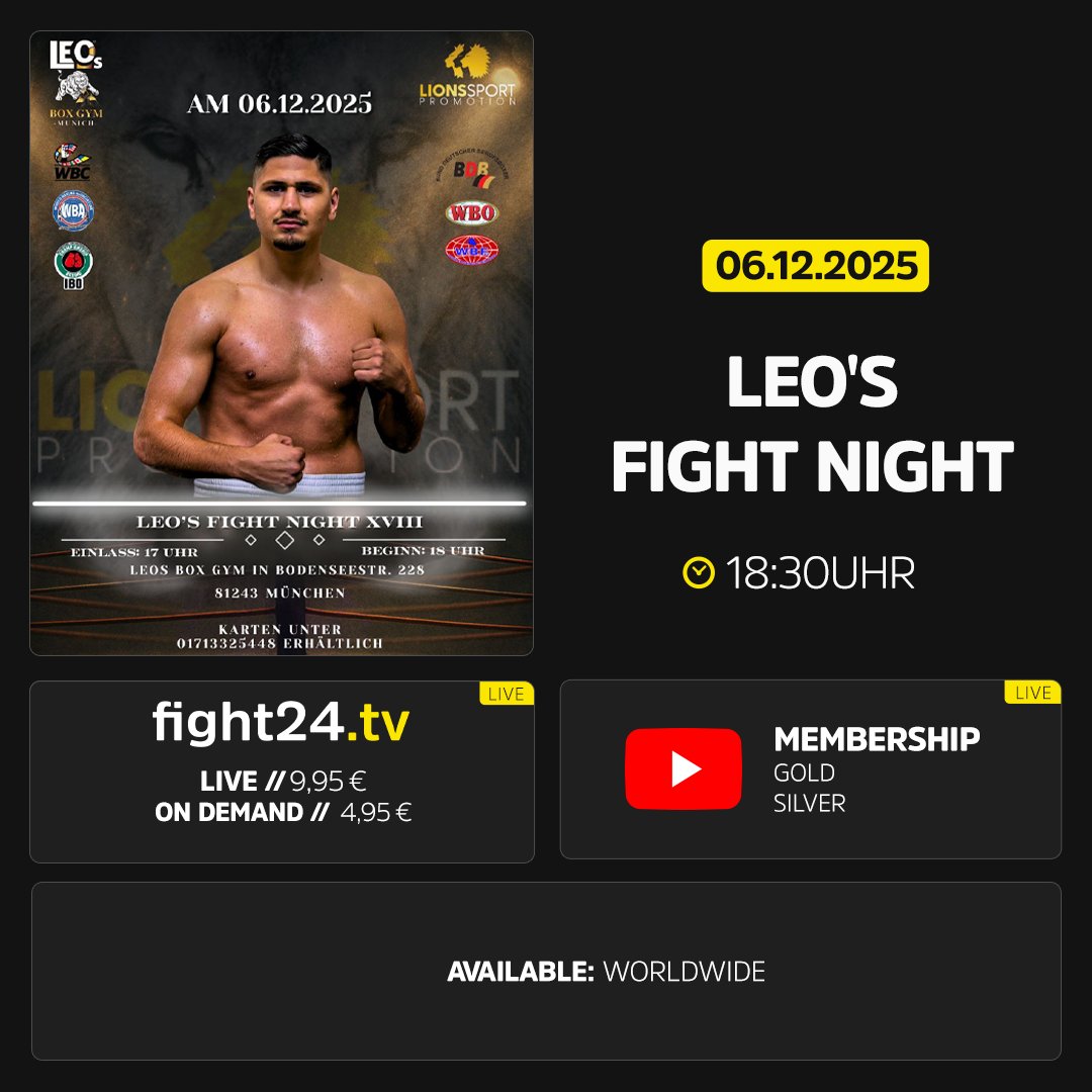 Am Nikolaus-Tag für Euch im Stiefel: Leo's Fight Night XVIII! 9 packende Boxkämpfe, u.a. mit Emre Cukur, Mehmet Avci und Cheyenne Hanson. Ab 18:30 Uhr sind wir live für Euch am Start! #leos #lionssportpromotion #boxing 
📺 loom.ly/hbIUgbc
