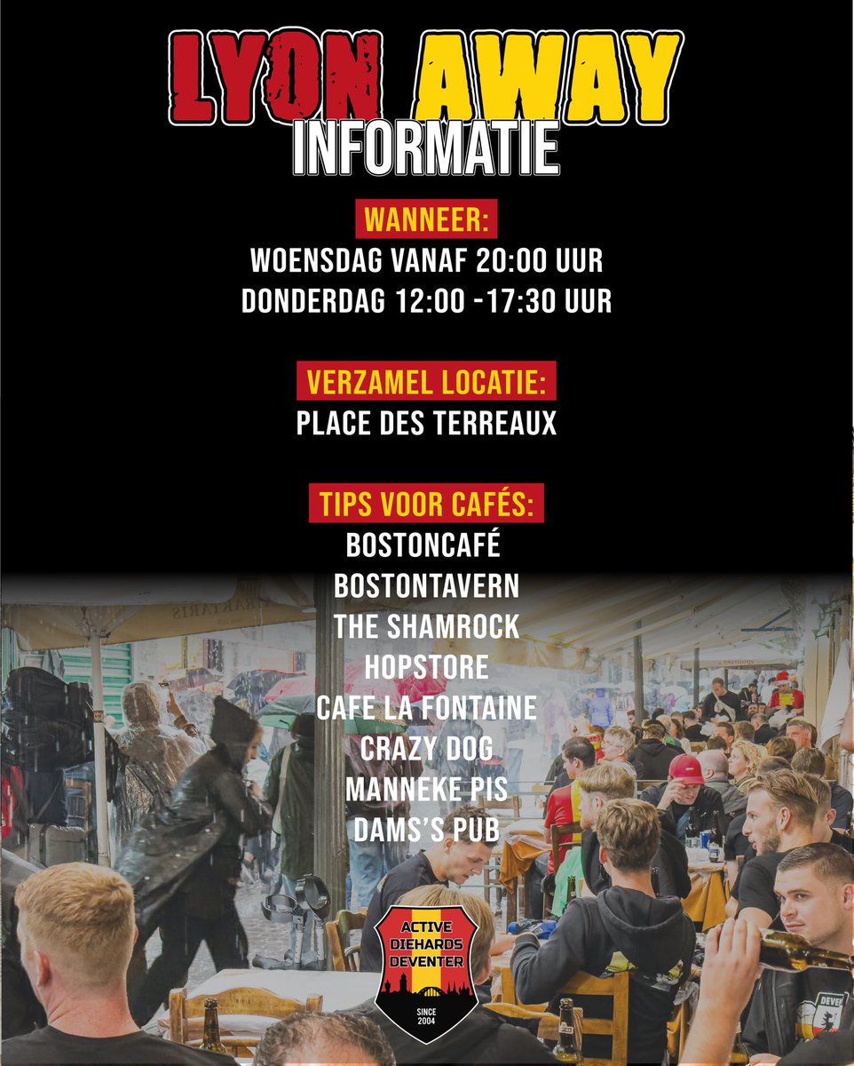 𝐏𝐌𝐃𝐒 𝐈𝐍𝐅𝐎 𝐋𝐘𝐎𝐍🇫🇷

Woensdagavond 10 december en donderdag 11 december zullen wij het Place des Terreaux overnemen! Op dit plein en omliggende straten zitten velen geschikte café’s om je te voorzien van een versnapering.

#olGAE #ActiveDieHardsDeventer