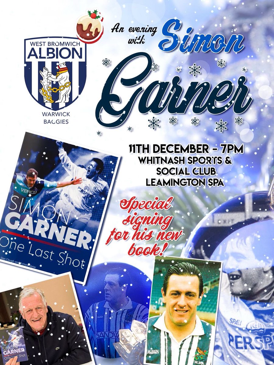 THIS THURSDAY- An evening with former Albion striker <a href="/simongarner10/">Simon Garner</a> , hosted by John Homer <a href="/WarwickBaggies/">Warwick Baggies</a> 
Simon will be signing copies of his new book ‘One Last Shot’ - to order your copy (and collect on the night) go to simongarnerbook.co.uk buy for £12.99 and enter discount