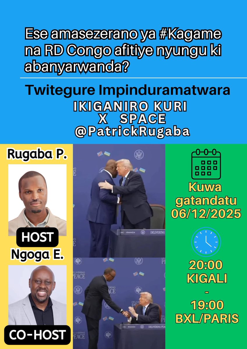 PatrickRugaba's tweet image. Murararitswe mwese uyumunsi mukiganiro #Twitegure_Impinduramatwara,aho turebera hamwe uko abanyarwanda dukwiye kwitwara muri ikigihe umunyagitugu @PaulKagame akomeje intambara muri #Kongo. 
Akaba abifatanya no kujya gusinya amasezerano yo guhagarika intambara nyamara amaze imyaka
