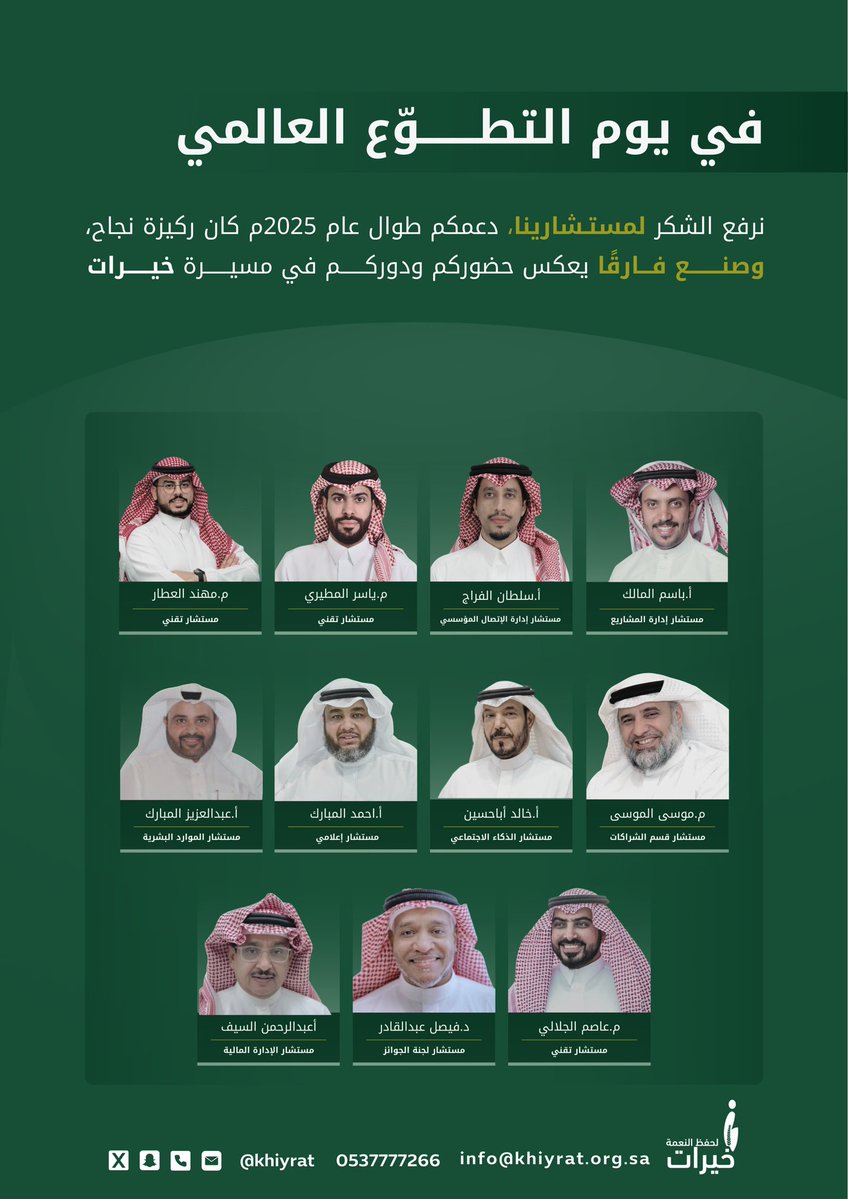 في يوم #التطوّع_العالمي 

شكرًا لمستشارينا… 
وجودكم قيمة مضافة تدعم مسيرة
#خيرات وتعكس حضورًا مهنيًا أسهم في تطور وتميز العمل طوال عام 2025. 

#الرياض_تتطوع #القطاع_غير_الربحي 
#يوم_التطوع_السعودي_العالمي 
#اليوم_العالمي_للتطوع