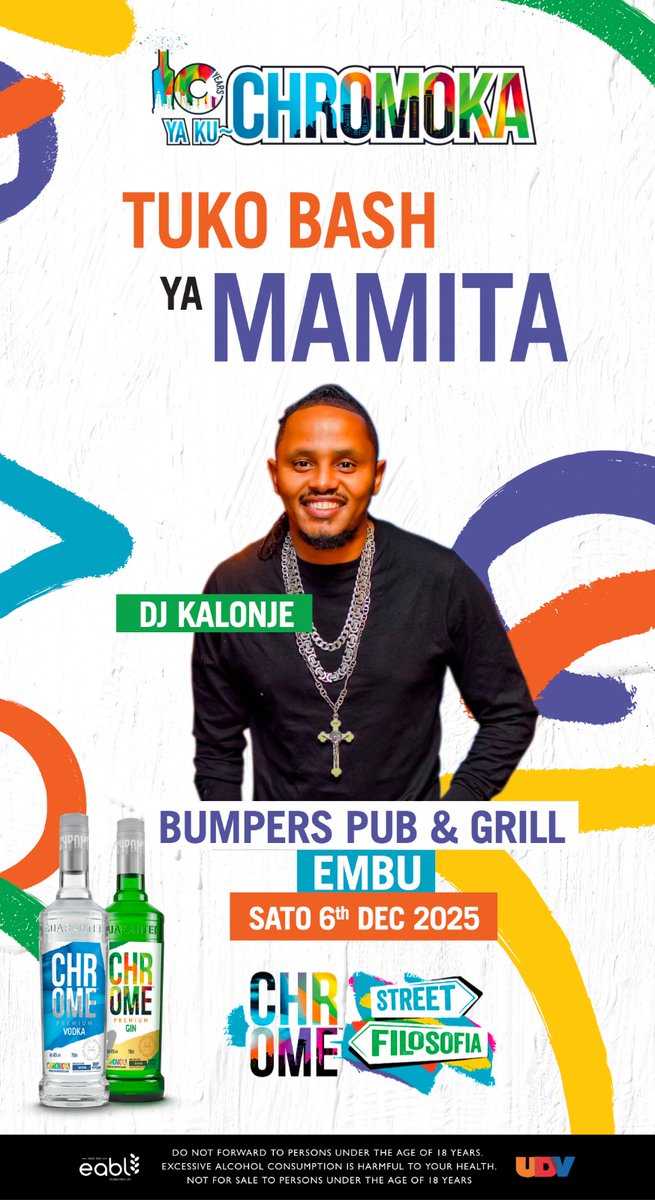 Embu iko active pale BUMPERS PUB &amp; GRILL! Chrome market storms zimefika, DJ Kalonje anawasha crowd. Nunua Chrome Gin/Vodka, scratch label na tuma code 22110 ushinde. Leo tuna-chromoka vibaya! #chromoka