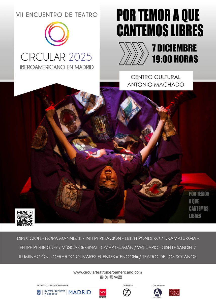 Circular_2025's tweet photo. LA COMPAÑÍA MEXICANA TEATRO DE LOS SÓTANOS presenta la última función en Madrid de su cabaret "POR TEMOR A QUE CANTEMOS LIBRES".
DOMINGO 7 DE DICIEMBRE, 19 H., Centro Cultural Antonio Machado (C. de San Román del Valle, 8, Metro Alsacia, Línea 2). https://t.co/zpyiLcv1au