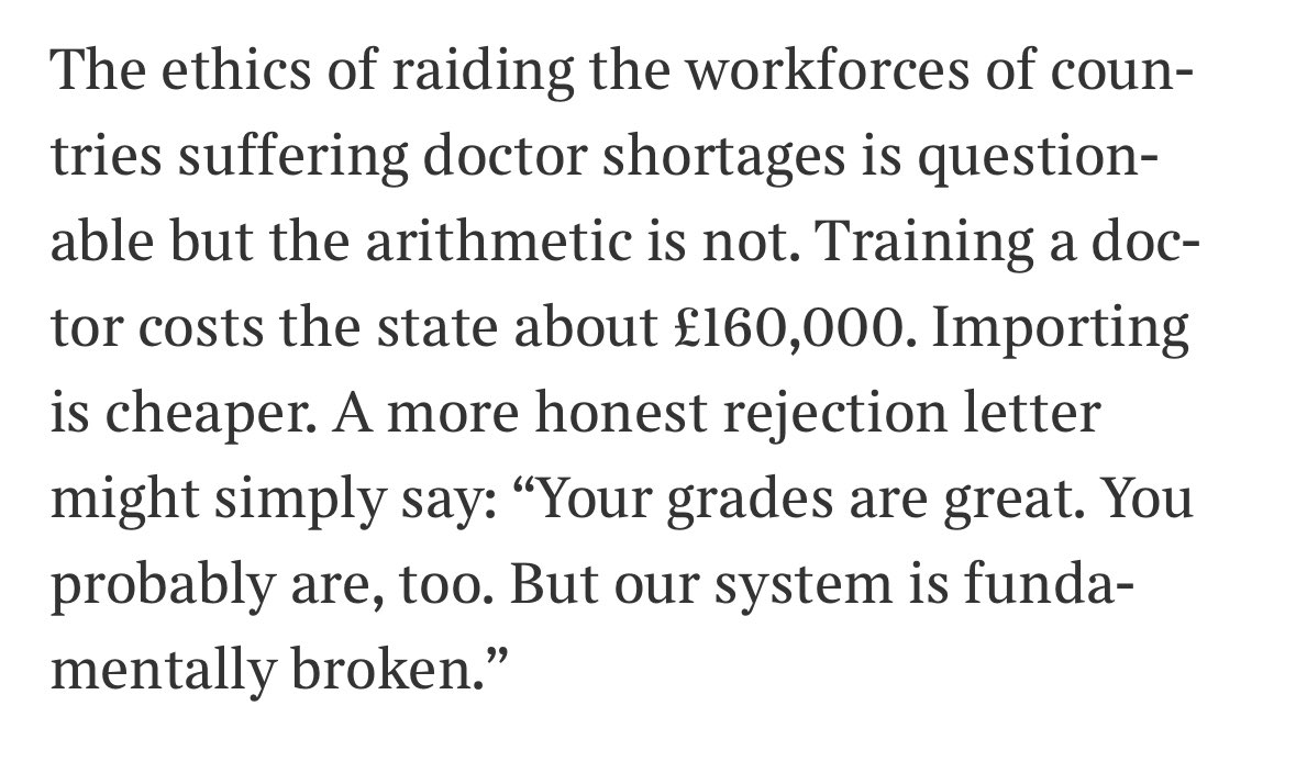 ‘Britain has chosen to import roughly 20,000 doctors a year while rejecting about 16,000 med-school applicants. About one in six of Nigeria’s registered doctors now works in Britain, as do one in ten of Pakistan’s’

apple.news/Aqiv1dv_eRs2Nr…