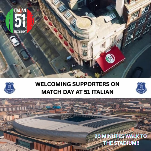 51 ITALIAN on Old Hall Street is your perfect stop for authentic Italian food and drink before the match!

We're right across the road from Moorfields station (Old Hall Street entrance).

#everton #evertonfc #bramleymoore