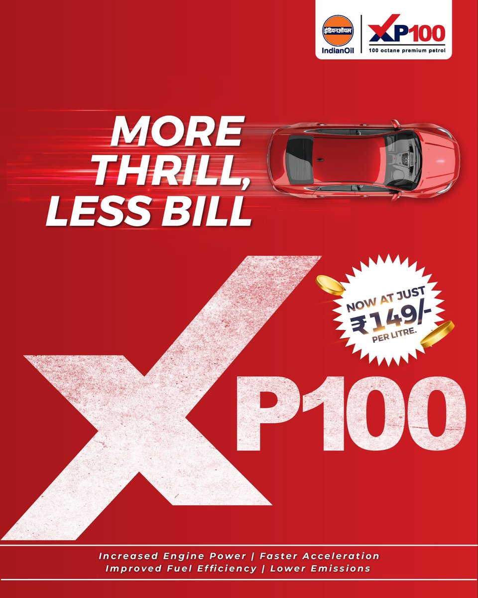 IndianOilcl's tweet image. The premium rush now comes at a smarter price.
With XP100 now at ₹149, experience the thrill of more power, quicker acceleration, better mileage, and cleaner emissions, all in one superior fuel.
Upgrade your ride without upgrading your spend.

#XP100 #IndianOil #PerformanceFuel