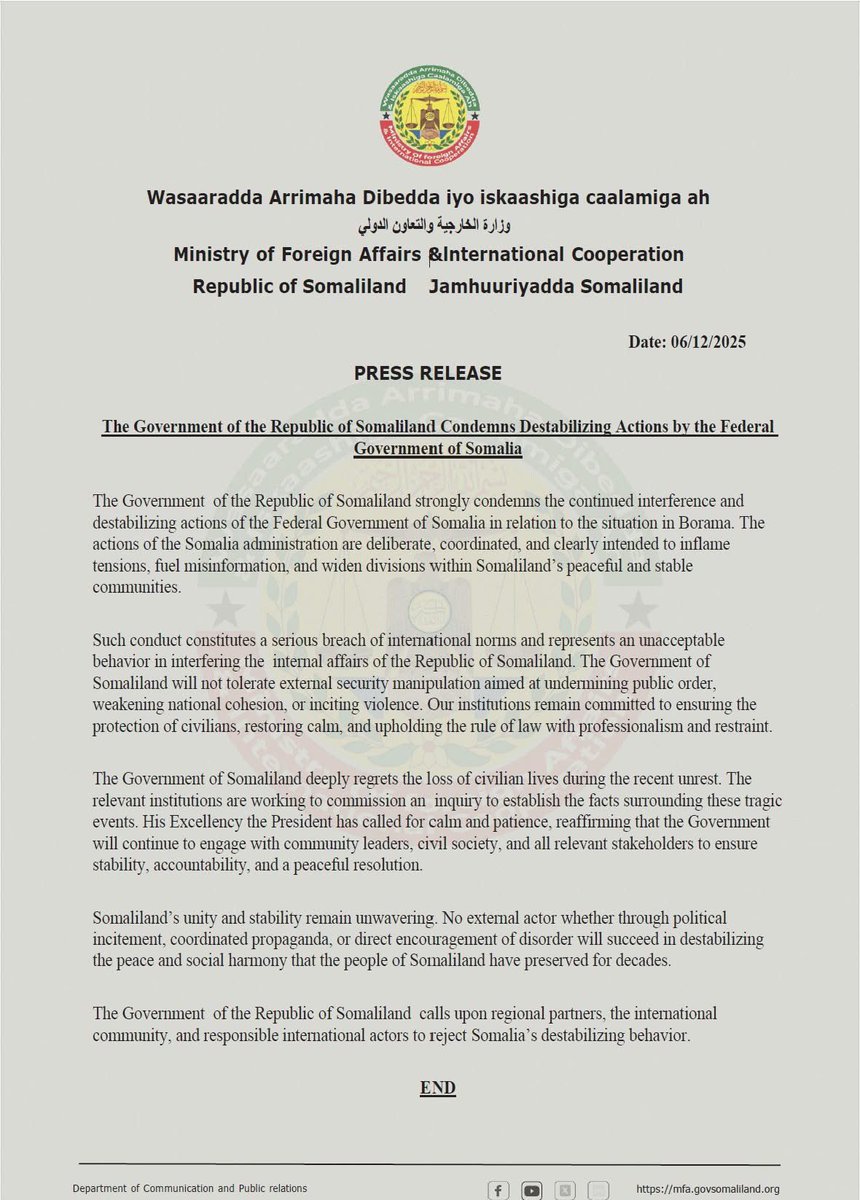 #Somaliland Condemns #Somalia’s “Destabilizing Interference” in Borama Unrest.

The Government of the Republic of Somaliland has issued a strongly worded statement accusing the Federal Government of Somalia of “deliberate and coordinated” interference aimed at inflaming tensions