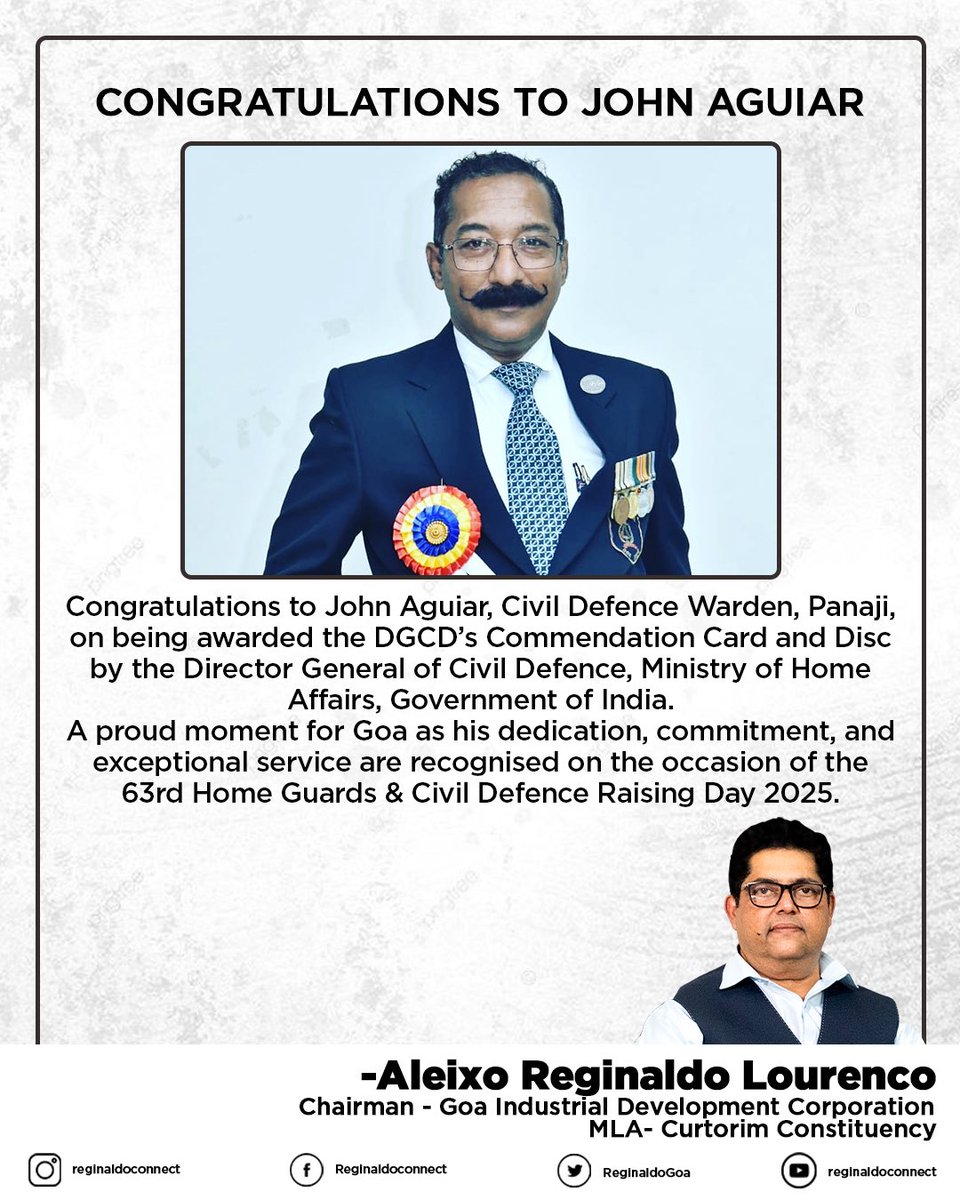 Proud moment for Goa. John Aguiar, Civil Defence Warden of Panaji, awarded DGCD Commendation Card &amp; Disc by Director General Civil Defence on 63rd Raising Day 2025 for outstanding service. 🇮🇳  #GoaPride #CivilDefence