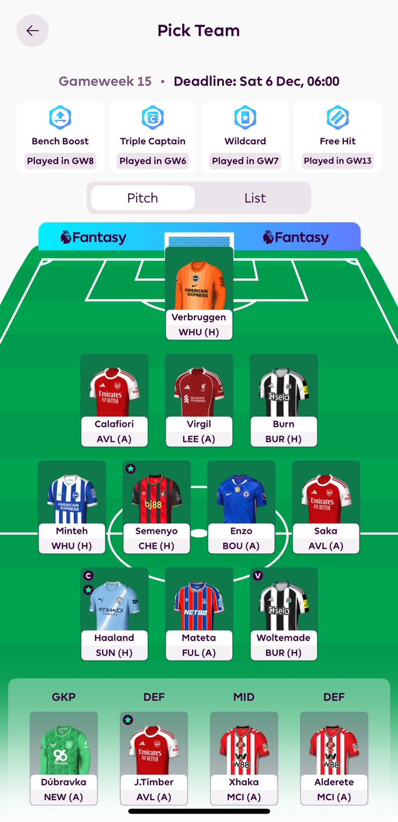 GW15

Joao Pedro to Woltemade

Was on the fence between benching Enzo or Timber. But no sign of Saliba, which means Timber at CB did it for me.

OR: 15k🌎

Goodluck all🍀🍀🍀