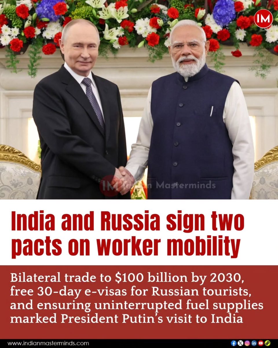 i3masterminds's tweet image. #IndiaRussiaFriendship 
President Putin’s visit to India marked a major push to strengthen cultural, educational, and people-to-people ties. At the 23rd India-Russia Annual Summit, both nations signed key labour-mobility agreements aimed at ensuring safer and more regulated