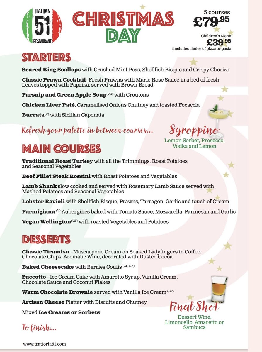 Join us for a festive feast this Christmas Day at 51 Italian! 🥂✨

We're serving up 5 courses of Italian-inspired magic. Children's menu also available!. Let us take care of the cooking while you relax and enjoy.

Book your table now—don't miss out! 🎁
bit.ly/51-Xmas-Day