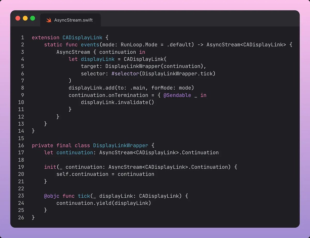 Swift Performance Optimisation with AsyncStream and CADisplayLink

CADisplayLink is a built-in timer that allows your app to synchronise rendering with the refresh rate of the display. It fires an Objective-C selector function whenever a new frame is rendered. This makes it