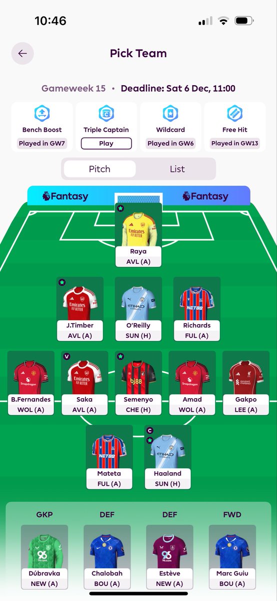 🔐 GW15 team reveal

No transfers

🧢 Haaland

🌎 1.2m OR

Good luck everyone! #FPL #FPLCommunity