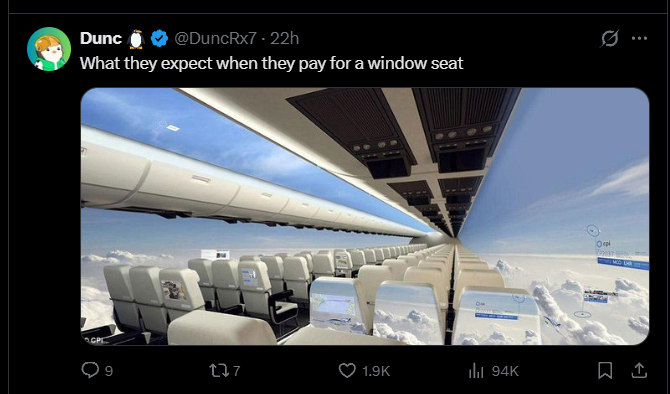 DEVification's tweet image. This post is going extremely viral

3.8 mil views in just 24 hours

We have never sent the Rynair narrative ever

They are giving the meme itself by launhing at the situation

And there is a funny meme comment under the post

What do you expect from a $Windowseat