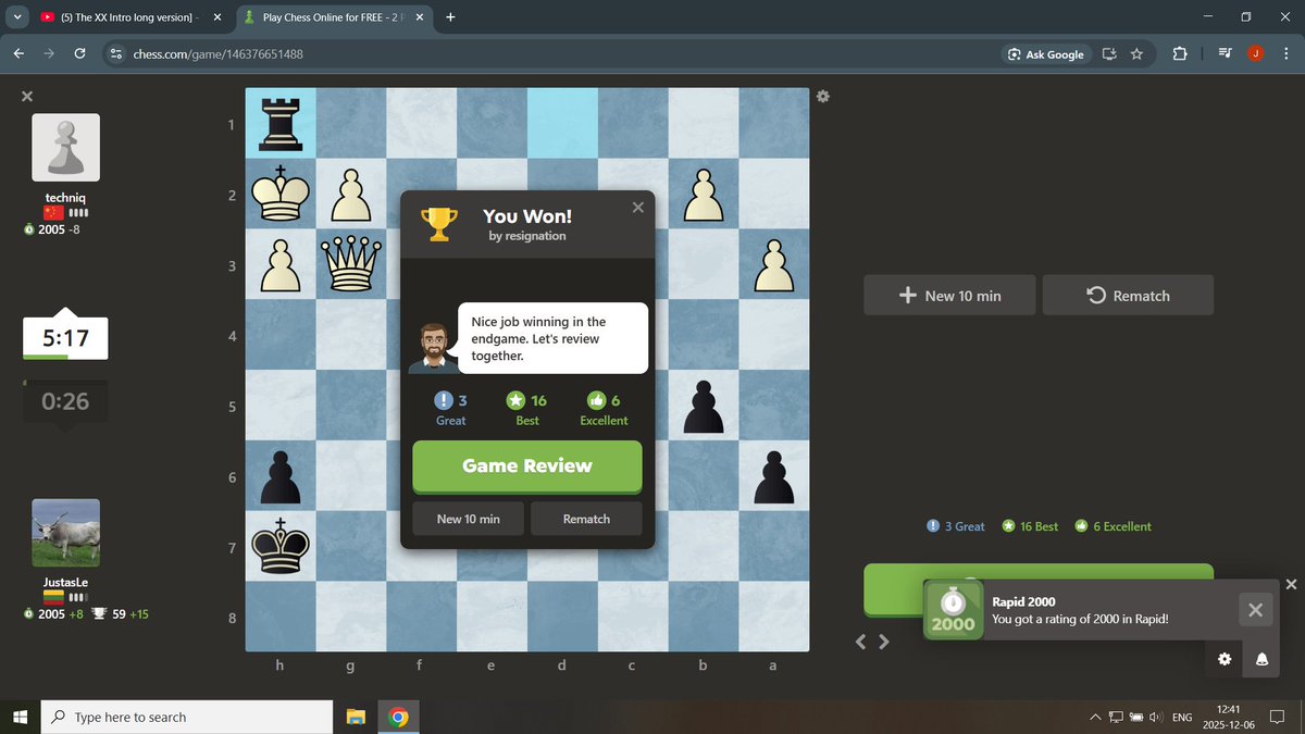 Long time no see, Twitter. After finding my chess passion and routine again this year, after many struggles and reconsiderations, after many painful losses from winning positions, I managed to hit 2000 Rapid Elo. Very grateful, and yet still so much more to learn:)