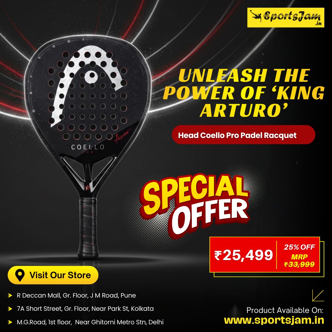 SportsJamIn's tweet image. 🔥 Unleash the power of ‘King Arturo’.
The Head Coello Pro Padel Racquet delivers explosive power &amp;amp; pro-level control.

💥 ₹25,499 | 25% OFF
🛒 sportsjam.in/head-coello-pr…

#HeadPadel #CoelloPro #Padel #SportsJam