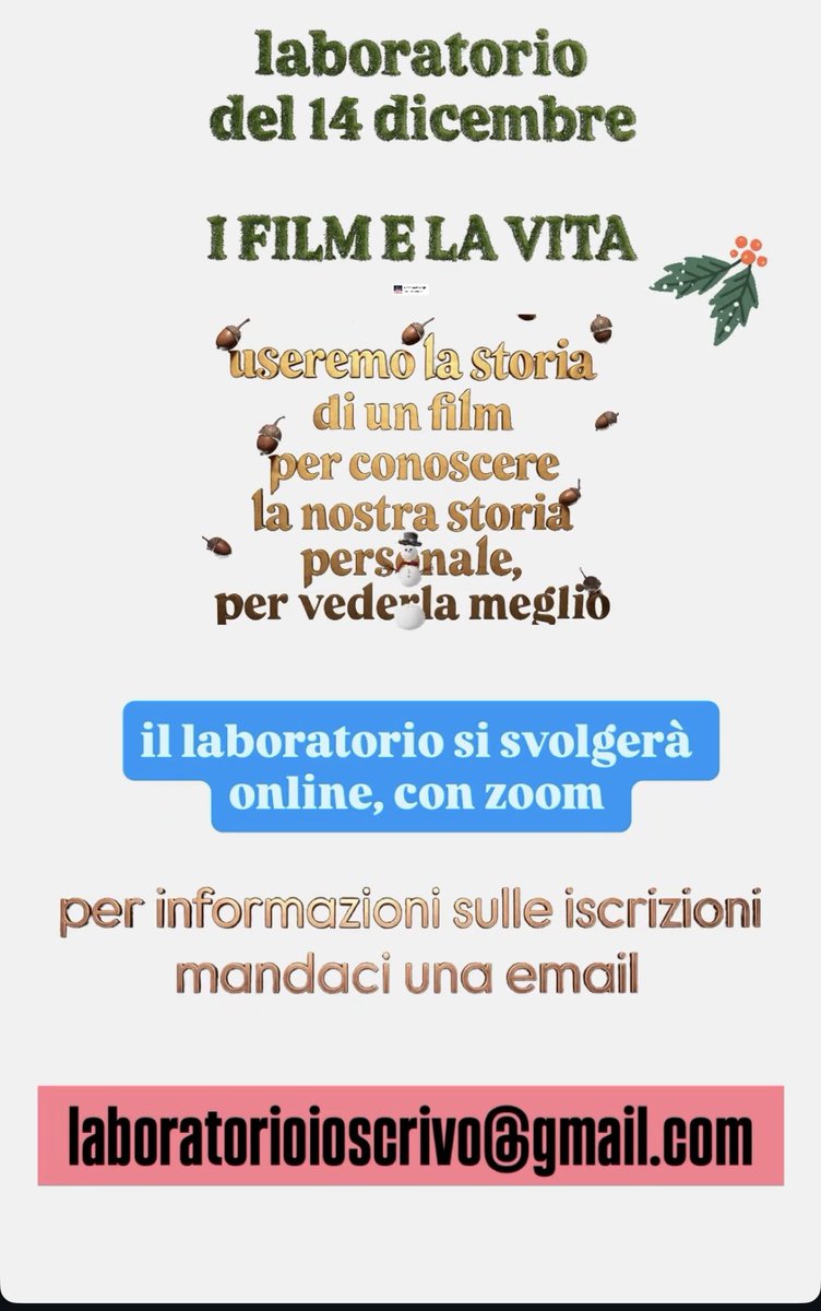 “I FILM E LA VITA” è il titolo del laboratorio di scrittura e immagini che terrò il 14 dicembre. Per informazioni scrivi qui: laboratorioioscrivo@gmail.com