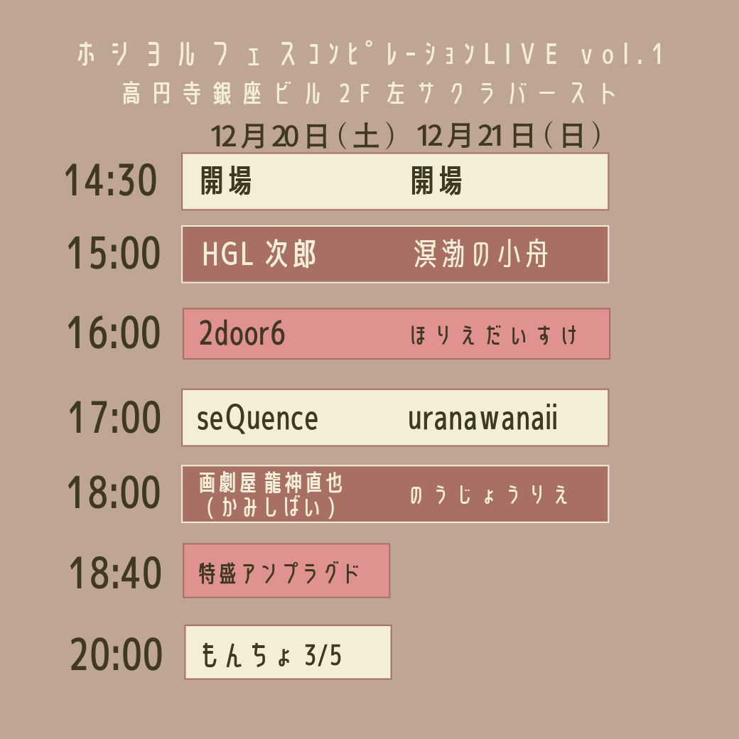 ホシヨルフェス コンピレーション！vol.1

【2DAYS 2/2】
12/21（日）OPEN 14:30 / START 15:00
【出演】
溟渤の小舟(めいぼつのこぶね) / ほりえだいすけ / uranawanaii /のうじょうりえ

【チケット】
￥1,000＋D代￥600

高円寺サクラバースト
sakura-burst.com