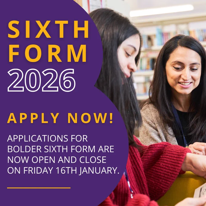 Be kind. Be strong. Be brave.

Our values shape everything we do at Bolder Sixth Form — from learning to leadership to personal growth.

If you’re ready to join a values-driven Sixth Form, apply now for September.

Deadline: Friday 16th January

Apply via: bolderacademy.co.uk Image