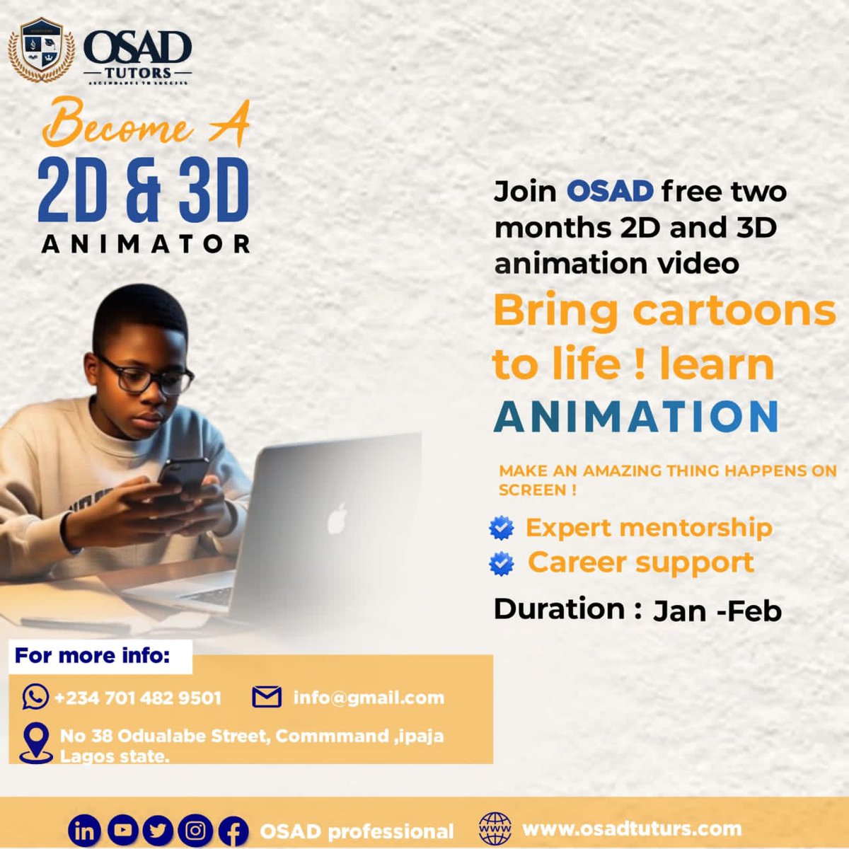 OsadTutors's tweet photo. 🚀 Join OSAD PROFESSIONAL TUTORS' Animation Program! 🎬
Master storytelling through animation and unlock global opportunities..
 Learn industry standard software and tools from experienced professionals.
Starting January 📆
Visit https://t.co/DQ5Hh0WCF9* to enroll. https://t.co/d9eNmA1EQ4
