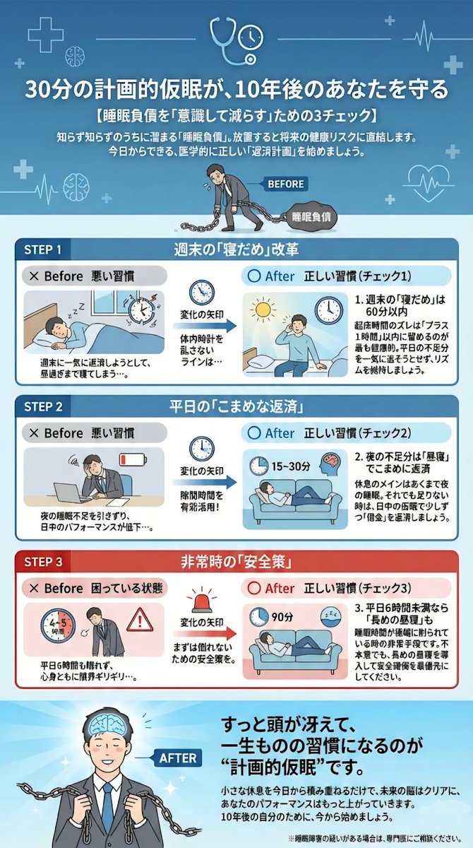 30分の仮眠が、10年後のあなたを守る
【睡眠負債を「意識して減らす」ための3チェック】

​・週末の「寝だめ」は60分以内
平日の不足分を一気に返そうとせず、起床時間のズレは最小限に。「プラス1時間」以内に留めるのが、体内時計を乱さない最も健康的なライン。