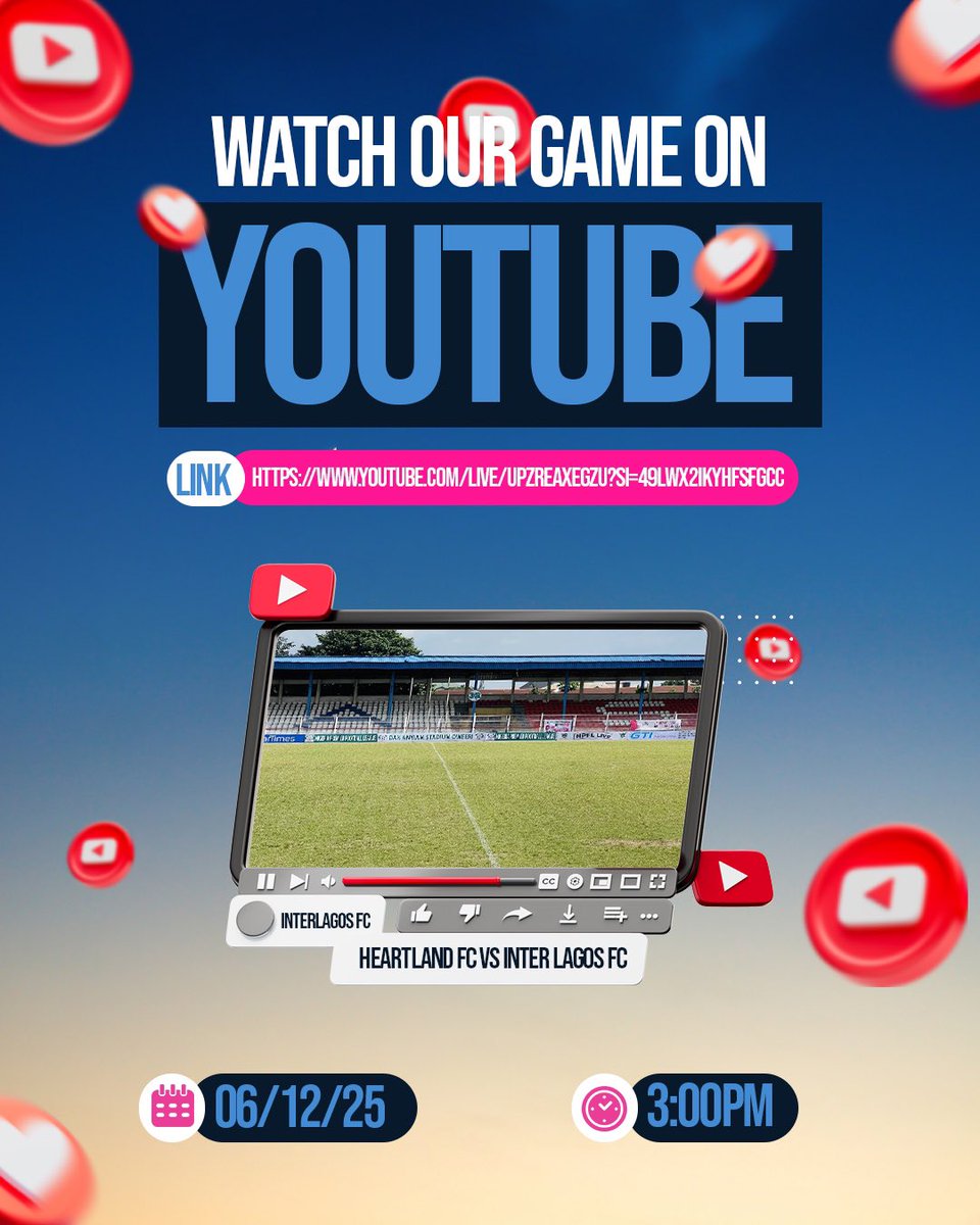Stream on our YouTube channel: InterLagos FC.

🔗 Link: youtube.com/live/uPzREaxEg…

Let’s go for the win INTER🔥🔥🔥

#NNL26 #InterLagosFC #ThePrideOfLagos #inter #COIL