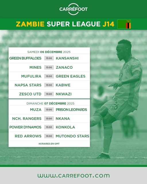ZAMBIE (SUPER LEAGUE) : Le programme des rencontres de la 14e journée !

#Zambie #SuperLeague #Programme #Carréfoot
