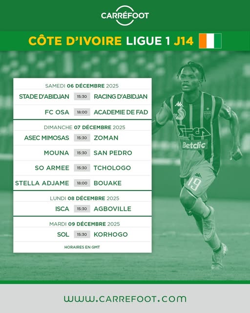 CÔTE D'IVOIRE (LIGUE 1) : Le programme des rencontres de la 14e journée !

#Côtedivoire #Ligue1 #Programme #Carréfoot
