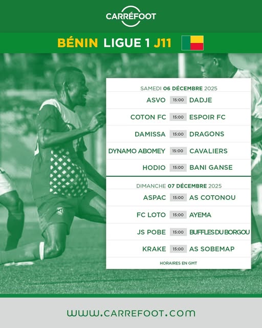 BÉNIN (LIGUE 1) : Le programme des rencontres de la 11e journée !

#Benin #Ligue1 #Programme #Carréfoot