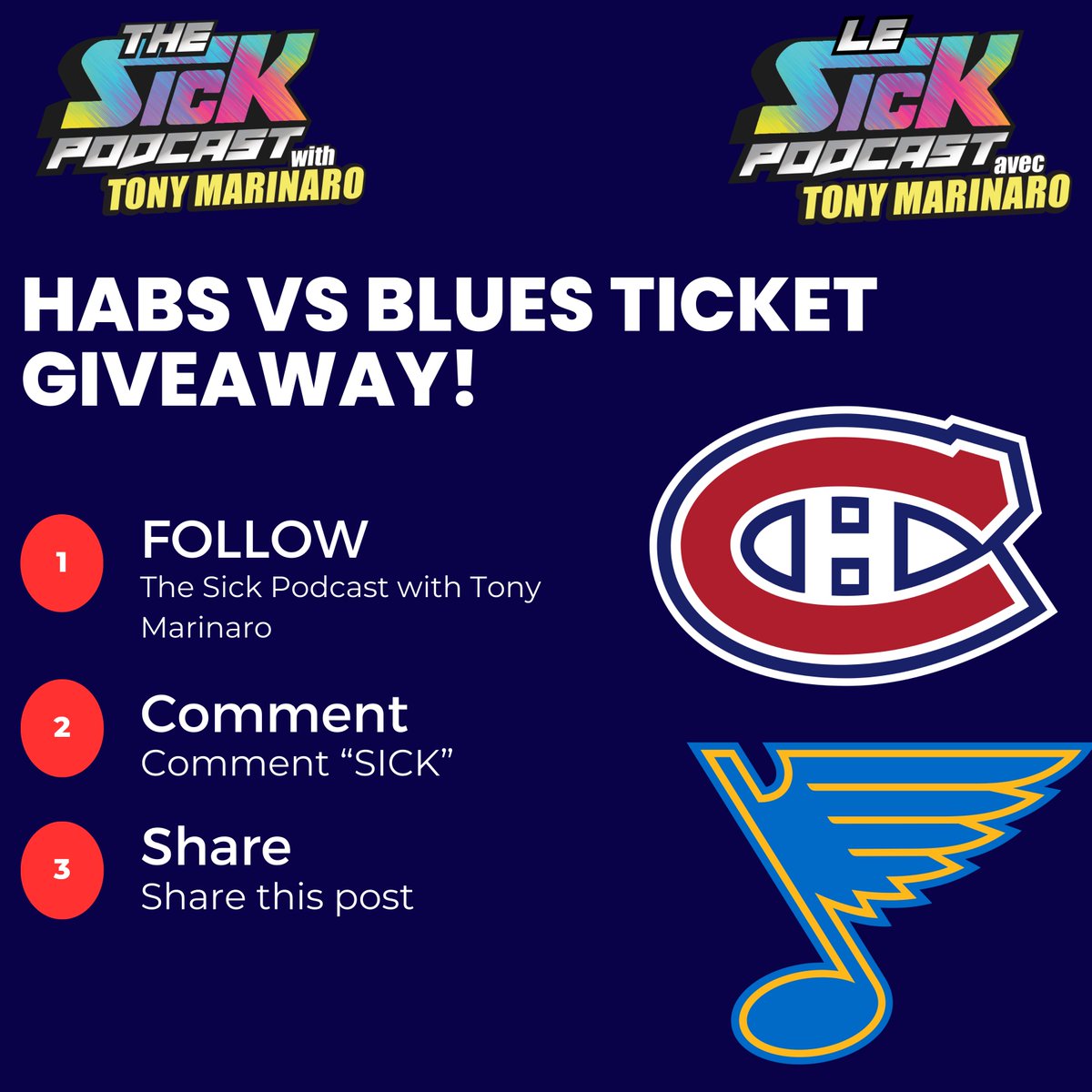 thesickpodcasts's tweet image. ‼️HABS TICKETS GIVEAWAY‼️

We are giving away a pair of tickets to the Habs vs Blues game!

TO ENTER:
1 - Follow @thesickpodcasts
2 - Retweet this post
3 - Comment "SICK"

Winner will be announced tomorrow at 1pm. Good luck!

#GoHabsGo #thesickpodcast #lesickpodcast
@TonyMarinaro