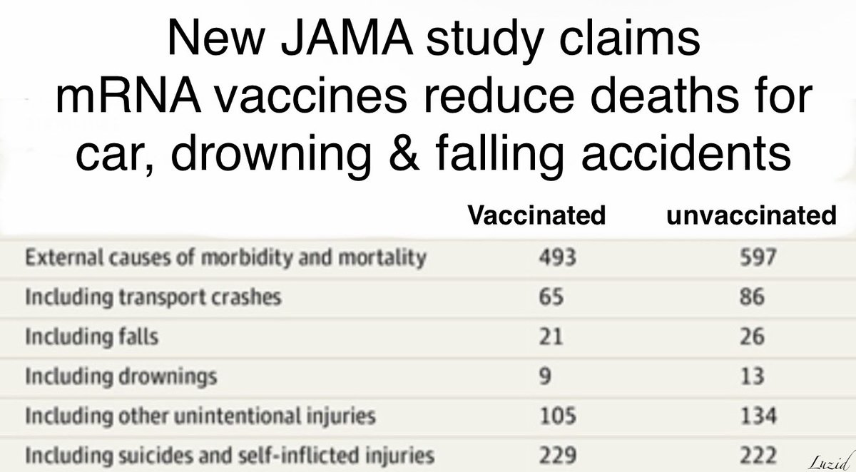 Luizmd's tweet photo. The new JAMA study from the French government was conducted by the same agency that enforced vaccine passports for people to enter public places, and reported people who did not comply.

The study also claim the “covid” shots prevent accidents from cars, falls, and drowning.

A bit more about the fraudulent study:

1. The study omitted the deaths from the first year of vaccinations.

2. The study omitted older adults and children.

3. Red flag: the study showed reduction in drown, fall, and car accident deaths.

4. Not gold standard randomized control study. Gold standard study already showed more deaths and heart problems in vaccinated people.

5. In France, a person is considered unvaccinated until 7 days after their 2nd dose.

6. Study has 4x more vaccinated people, skewing results.

7. 300,000 fraudulent vaccine passports issued in France and limited access to follow-up data.

8. MAJOR CONFLICT OF INTEREST: The study was conducted by government health agencies France's national health agencies (ANSM and CNAM). Government agencies became the least trusted agencies during the plandemic. During the summer of 2021, French government implemented a health pass, or passe sanitaire, requiring everyone aged 12 and older to present proof of vaccination or a negative test for SARS-CoV-2 to access a wide array of public spaces, including bars, libraries and hospitals.

9. Unvaccinated people who later received one or more doses after Nov 1, 2020, were not moved into the vaccinated category. They remain in the unvaccinated category. Note that vaccination passports in France became legally required from 24 January 2022. During that period, to enter restaurants, cafés, cinemas, inter-regional trains, leisure facilities, hospitals, libraries, etc., you had to show proof of full vaccination.

10. In summary: The JAMA study’s architecture ensures a null result. It excludes early-death windows, censors transitioning subjects, conflates health-seeking bias with vaccine benefit, and omits biological causality. Its 0.75 hazard ratio is a statistical illusion produced by methodological filtering.