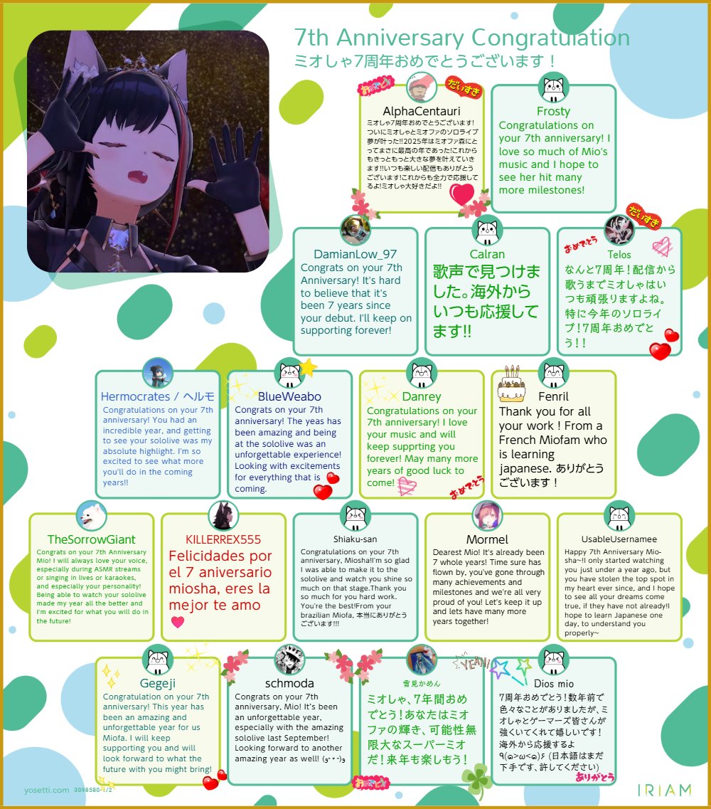 MioNoise's tweet photo. ミオしゃ7周年おめでとうございます！🎉🎉

ミオしゃの7周年を記念して、海外ミオファDiscord鯖から寄せられたお祝いメッセージを集めました！
これからも海外から全力で応援しています！

Mio BIG LOVE!! ♥ 

#大神ミオ7周年記念
#ミオかわいい https://t.co/KBzbCWzimZ
