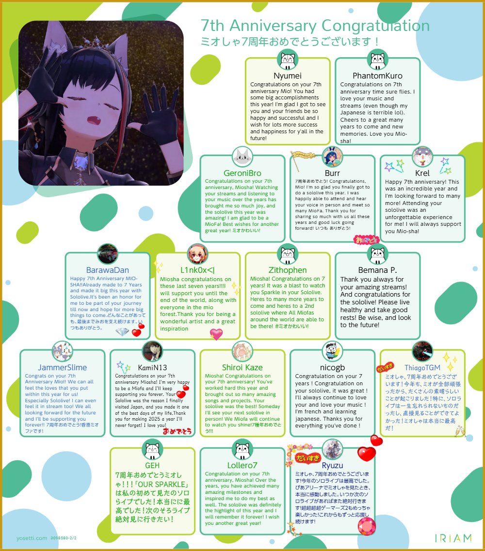 MioNoise's tweet photo. ミオしゃ7周年おめでとうございます！🎉🎉

ミオしゃの7周年を記念して、海外ミオファDiscord鯖から寄せられたお祝いメッセージを集めました！
これからも海外から全力で応援しています！

Mio BIG LOVE!! ♥ 

#大神ミオ7周年記念
#ミオかわいい https://t.co/KBzbCWzimZ