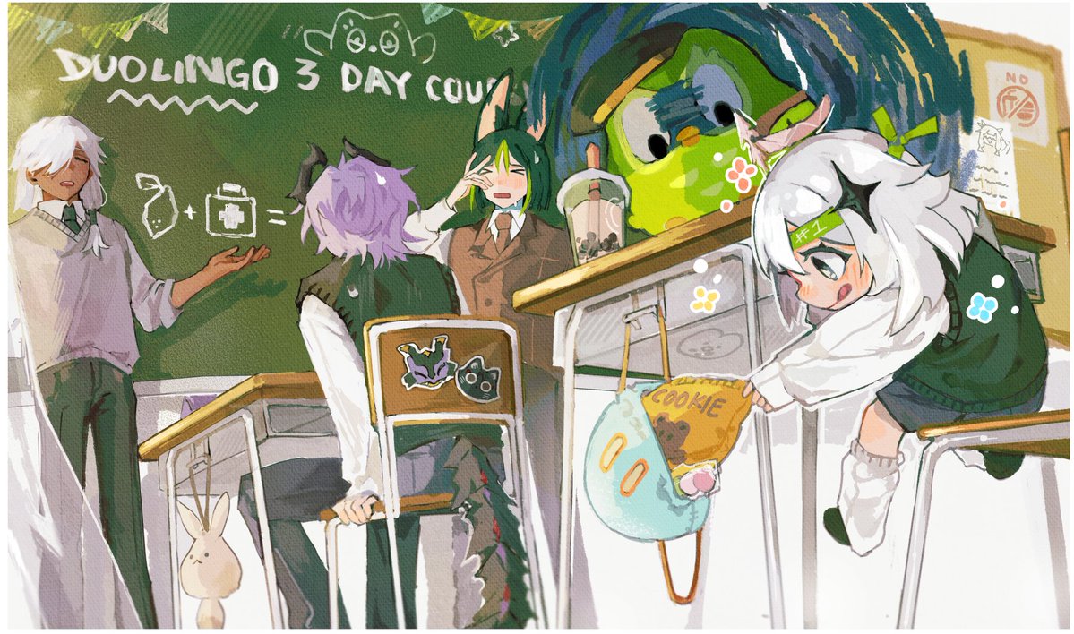 ieoniq's tweet photo. A secret snack break while everyone is distracted... but what's with this strange sense of danger?

#GenshinxDuolingo #GenshinLunaIII https://t.co/Oe0pAdCtHC
