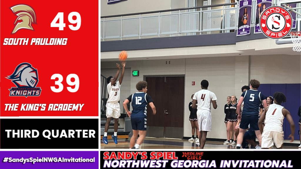 End 3Q
<a href="/SPHSbball/">SPHS Boys Basketball</a> 49
<a href="/tkambb/">The King's Academy Men's Basketball 🏀</a> 39

Cole Bennett drains a three from half court to end the quarter.

<a href="/Itsjus_tanner/">Tanner Pitts</a> 10p
<a href="/Ethanmoore_29/">Ethan Moore</a> 9p

<a href="/ColeCBennett/">Cole Bennett</a> 18p 

#SandysSpielNWGAInvitational

WATCH: fan.hudl.com/usa/ga/rome/or…