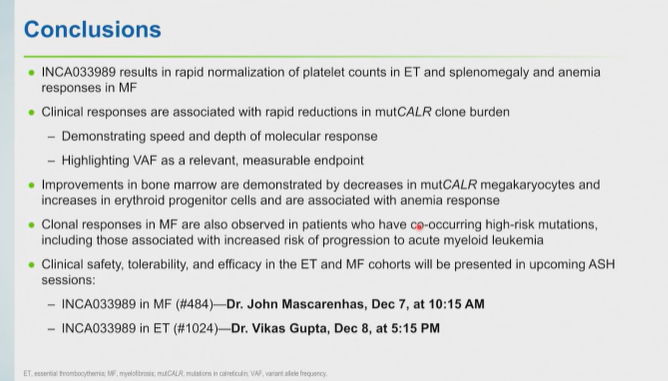 MPN_Hub's tweet photo. CONGRESS | #ASH25 | PRESENTATION

Bethan Psaila shares findings from a molecular characterization study of patients with ET and MF (N = 110) treated with novel IgG1 monoclonal antibody INCA033989, which selectively inhibits oncogenic signaling and proliferation of cells expressing mutCALR and thrombopoietin receptor.

A rapid and selective reduction in mutCALR+ HSPCs and MKs was observed within 4 months of INCA033989 treatment and correlated with clinical responses, suggestive of potential disease modification and recovery of normal hematopoiesis.

Follow our live feed for more updates: https://t.co/Z99bijEUG4

Intended for HCPs only. This congress coverage is independently supported by pharmaceutical companies, who are allowed no influence on the content; a full list of supporters can be found on our website.
#MPN #mpnsm #MedEd @NewCollegeOx