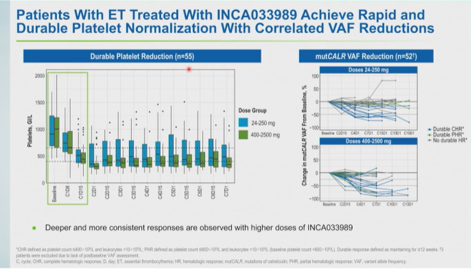 MPN_Hub's tweet photo. CONGRESS | #ASH25 | PRESENTATION

Bethan Psaila shares findings from a molecular characterization study of patients with ET and MF (N = 110) treated with novel IgG1 monoclonal antibody INCA033989, which selectively inhibits oncogenic signaling and proliferation of cells expressing mutCALR and thrombopoietin receptor.

A rapid and selective reduction in mutCALR+ HSPCs and MKs was observed within 4 months of INCA033989 treatment and correlated with clinical responses, suggestive of potential disease modification and recovery of normal hematopoiesis.

Follow our live feed for more updates: https://t.co/Z99bijEUG4

Intended for HCPs only. This congress coverage is independently supported by pharmaceutical companies, who are allowed no influence on the content; a full list of supporters can be found on our website.
#MPN #mpnsm #MedEd @NewCollegeOx