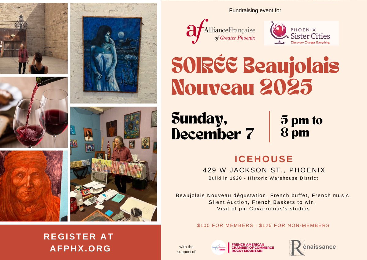 af_phx's tweet photo. Tomorrow is the day! 🎉
Our Soirée Beaujolais Nouveau is almost here.
You can still reserve your spot online or grab your ticket at the door tomorrow.
👉 https://t.co/PWuRIRr13r https://t.co/dQTqmmO5m7