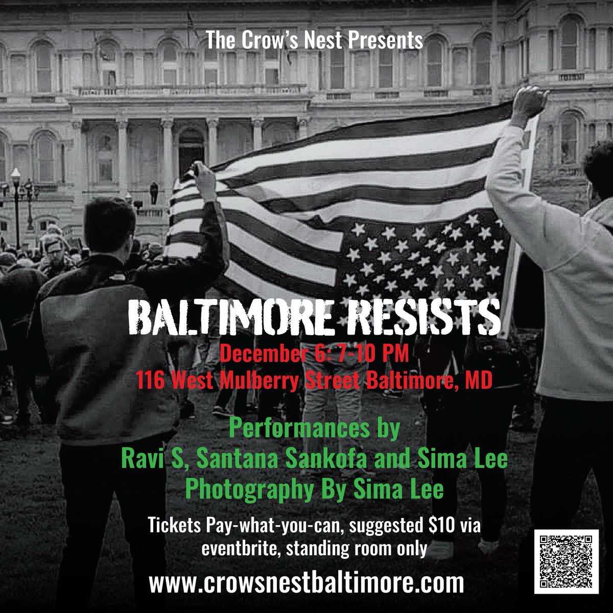 simaleerbg's tweet photo. Tonight will be my 1st pop-up photo exhibition @ The Crow's Nest Gallery entitled: "Baltimore Resists". This is also a concert ft. Ravi S, Santana Sankofa &amp; myself Sima Lee RBG. It is a pay-what-you-can event. RSVP @ Eventbrite. Scan QR Code or use Link: https://t.co/WWbz4mijD3 https://t.co/thEjQ0WNs7