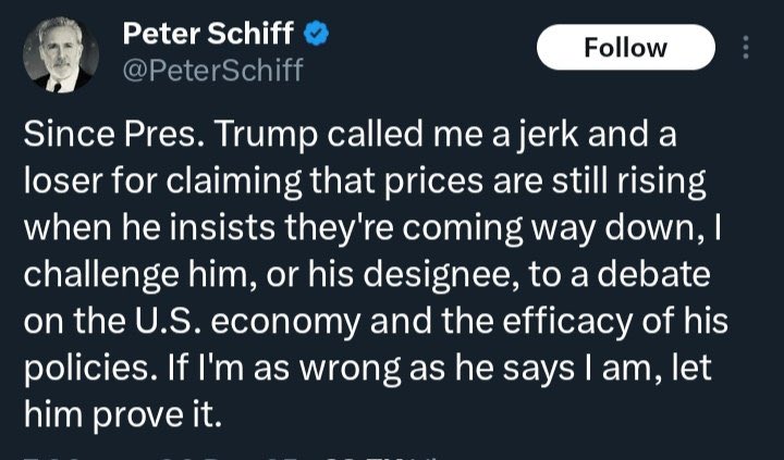 BREAKING: After Trump called him a “loser,” anti-crypto critic Peter Schiff is now challenging the President to a debate on the US economy. 🇺🇸