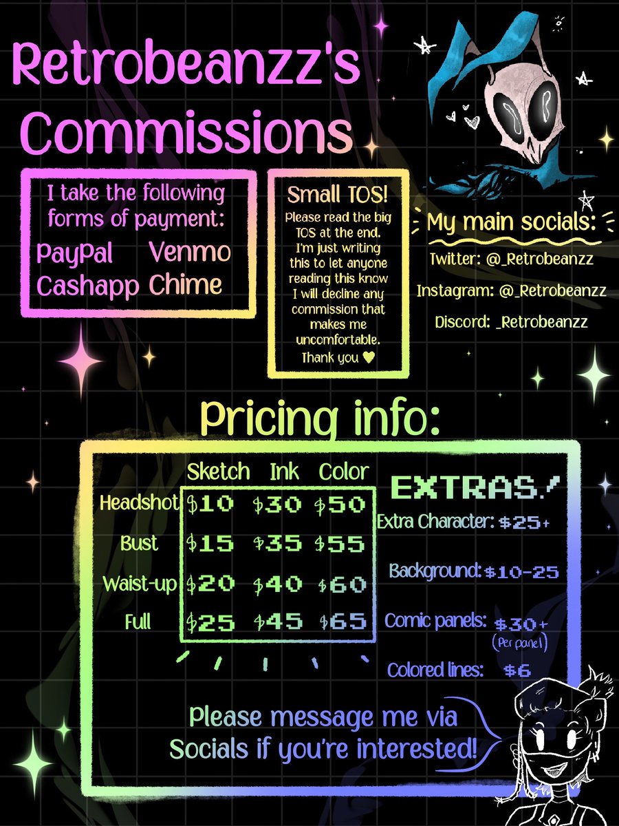 _Retrobeanzz's tweet image. Hey everyone (VERY URGENT)- I'm finally opening my commissions yippee! Anything I receive from the commissions goes towards better life. If you have any questions lemme know- or just read over the TOS on the sheet. retrobeanzz.carrd.co