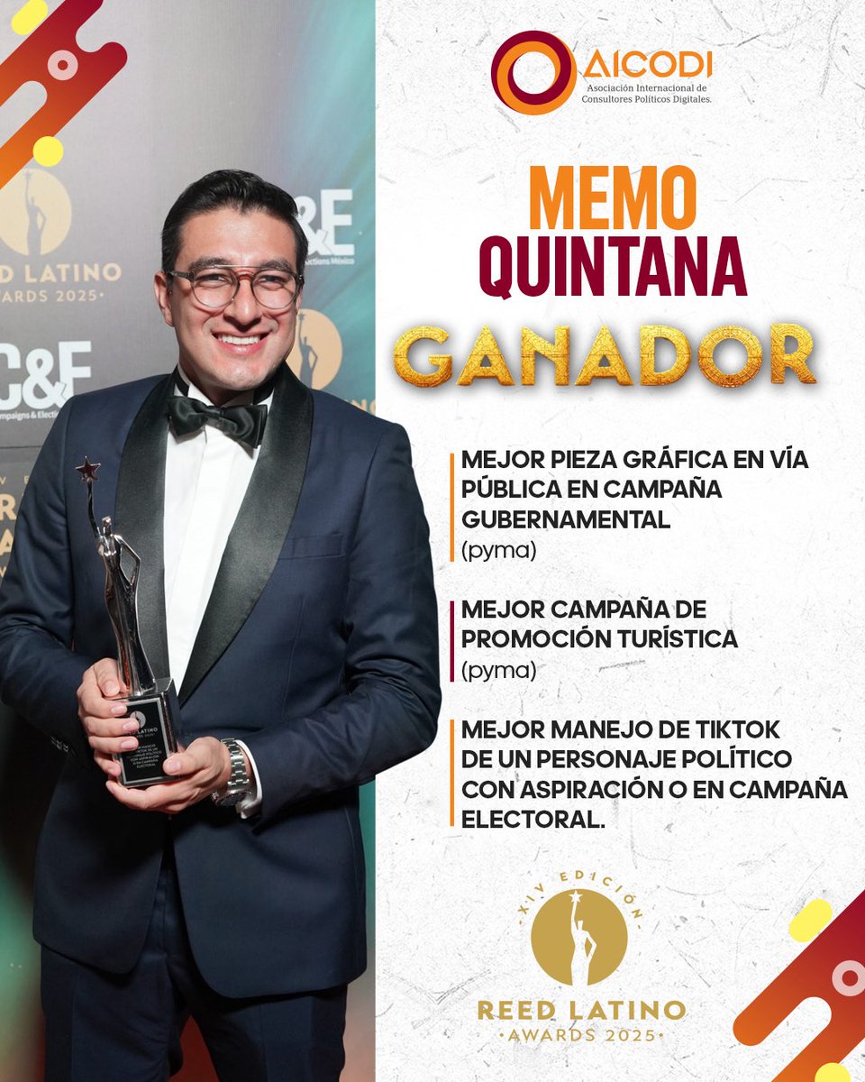 AicodiOficial's tweet photo. 🏆 En AICODI celebramos a @Memo_Quintana por sus logros en los Reed Latino 2025.
Un reconocimiento a su aporte, innovación y profesionalismo en la comunicación política digital. 🌎💻
#AICODI #ReedLatino2025 #ComPolDigital #OrgulloAICODI https://t.co/CG4FgHVehq