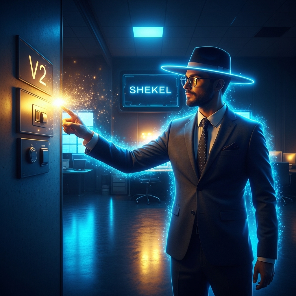 Futuristic agent in a neon-lit office activating Shekel V2 trading bot